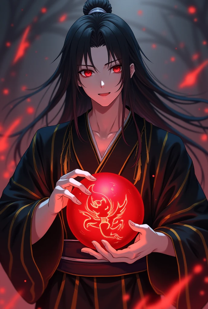 ((masterpiece)), ((best quality)), (from front:1.2), (half-body shot:1.4), 1man, adult man, solo, ponytail tied long black hair, red eyes, loose black cloak and cape, one hand making red orb energy, looking at viewers