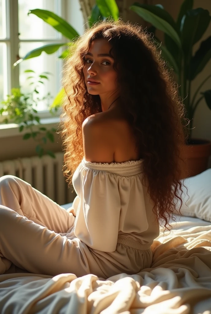 (photorealism:1.2), beautiful woman, sitting on bed, wearing loose off-shoulder top, pajama pants, long curly hair, indoors, soft lighting, plants in background, window with sunlight, cozy room, relaxed pose, realistic, intricate details, warm colors, by Greg Rutkowski, by Alphonse Mucha