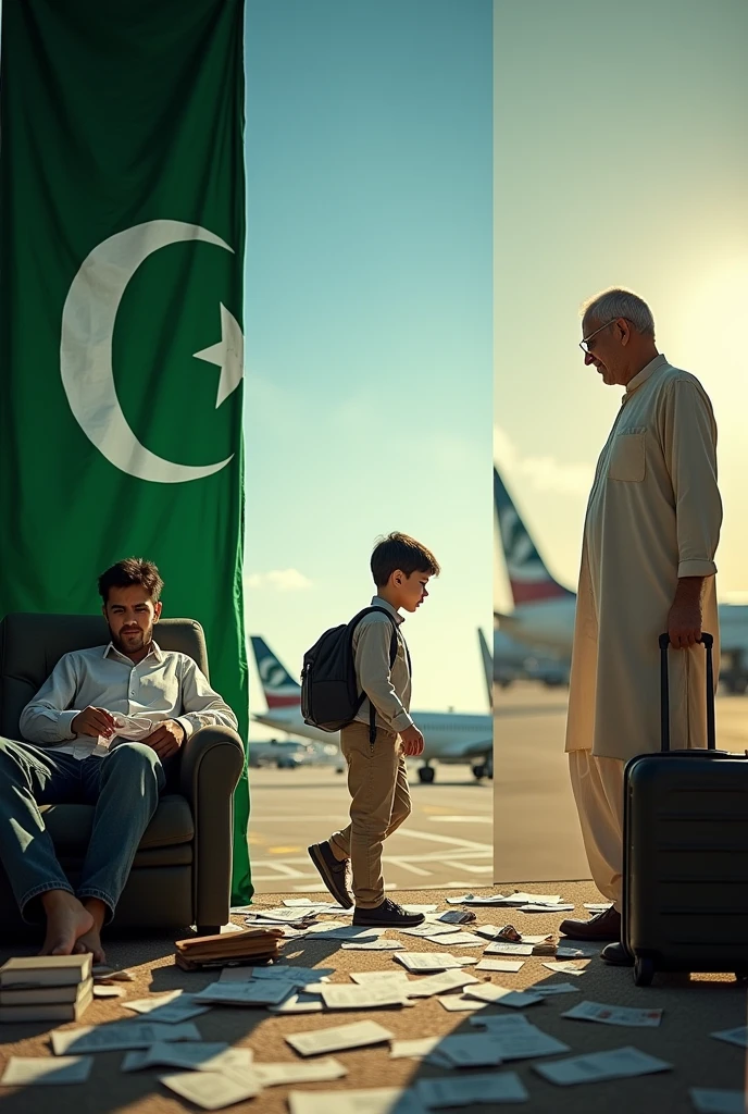 You are an award winning artist/painter. Create an image with a background as Pakistani flag for the whole picture. The picture has 3 sections.
The left section shows a person who is a procrastinator and doesn't do anything.
The middle section shows a boy who is leaving Pakistan for a better future.
The right section shows the great philanthropist of Pakistan Mr. Abdul Sattar Edhi