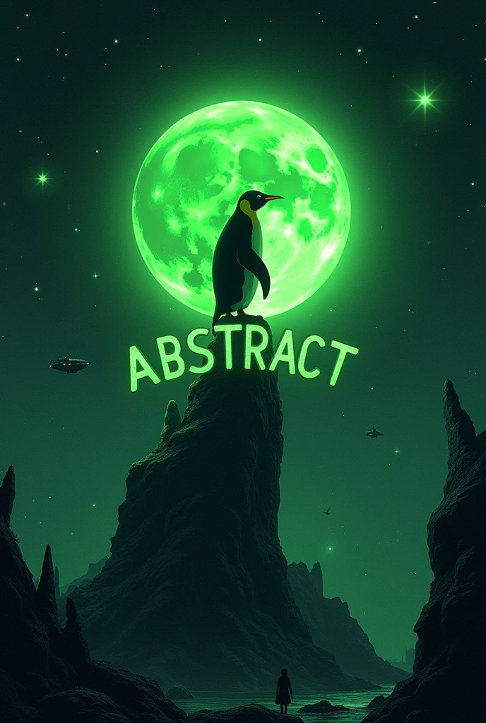 in anime dark art, a black white little penguin with gree jacket sitting on the green big chain word ABSTRACT chain on the word. on a moon making only the Abstract as light so the aliens can see