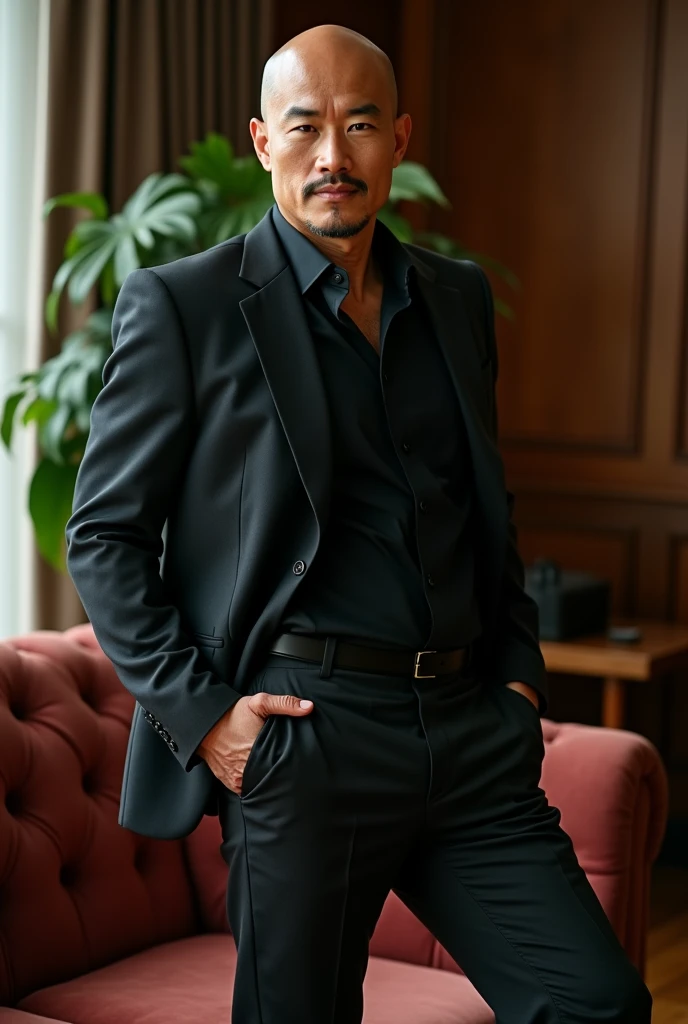 40 years old，Hidetoshi Nakata，（Kogoro Mori 1.3），whole body，Lean，muscle，office，black，foot，Suit，foot抬起，sofa，Baldhead ，transparent，Thick body hair，underwear，Topless，Densely hairy，Fortitude，HD，With a mustache