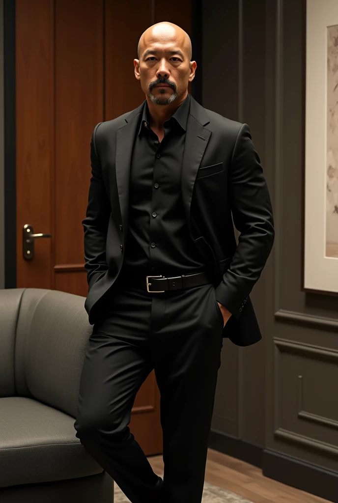 40 years old,Hidetoshi Nakata,(Kogoro Mori 1.3),whole body,Lean,muscle,office,black,foot,Suit,foot抬起,sofa,Baldhead ,transparent,Thick body hair,underwear,Topless,Densely hairy,Fortitude,HD,With a mustache