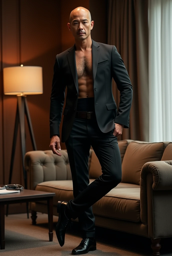 40 years old，Hidetoshi Nakata，（Kogoro Mori 1.3），whole body，Lean，muscle，office，black，foot，Suit，foot抬起，sofa，Baldhead ，transparent，Thick body hair，underwear，Topless，Densely hairy，Fortitude，HD，With a mustache