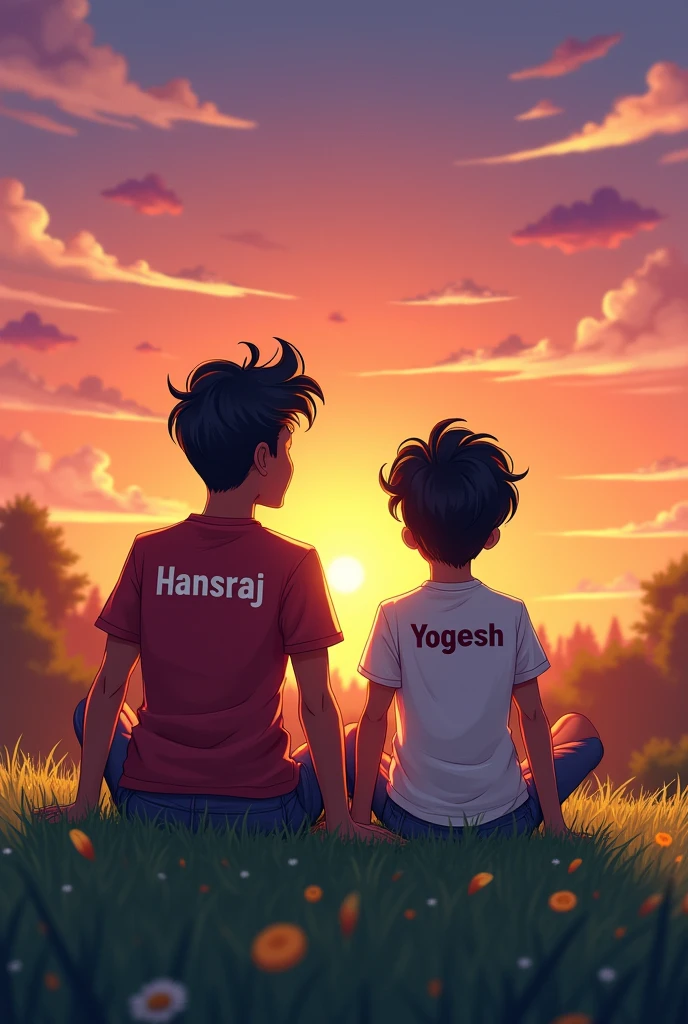 2 friends siting on the grass enjoying the view of sunset, one boy name "HANSRAJ" written on the shirt and another boy name "YOGESH" written on the t shirt 2d cartoon back