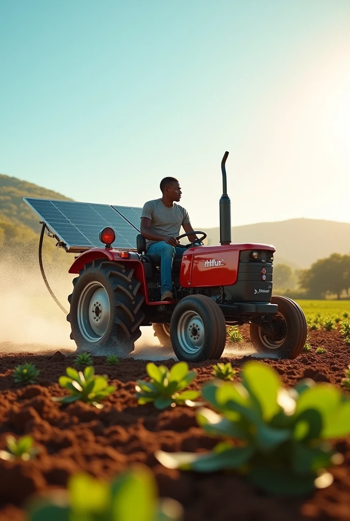 Electric farm tractor, spraying water, with spray handle, ploughing land, powered by the rhiflux electro cube with solar panels, on the back of a black African famer, with the name Rhiflux on the pump,with smart technology