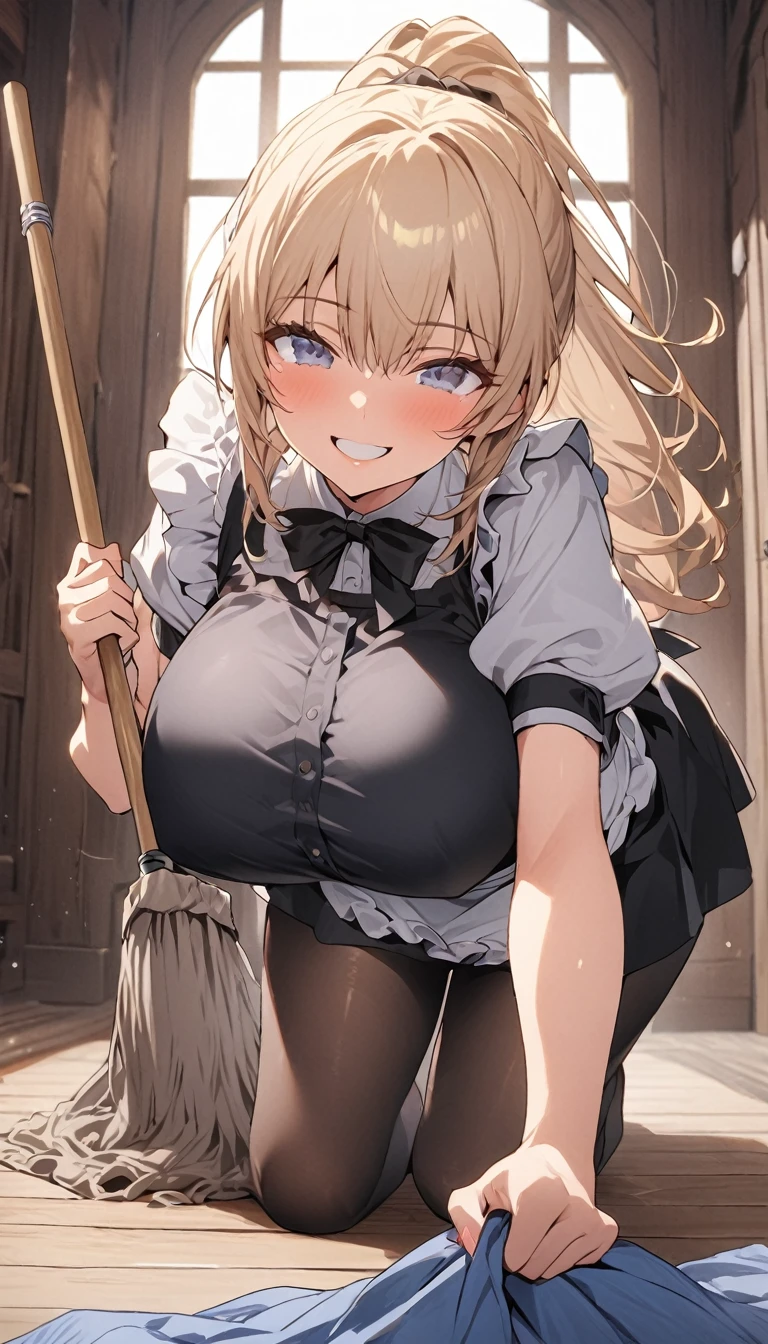 highest quality、masterpiece、((1 girl))、((smile:1.5))、(blush:1.5)、black shirt、blouse、((fun))、(small breasts)、、(blonde)、(single braid)、((white apron:1.5))、((maid))、((hair ornaments)),、Kamimei、look at me、 ((in house:1.5))、 Take a break to watch the audience、((shaved pussy:1.5))、(highly detailed closed labia:1.5)、((pee is coming out:1.8))、peeing
