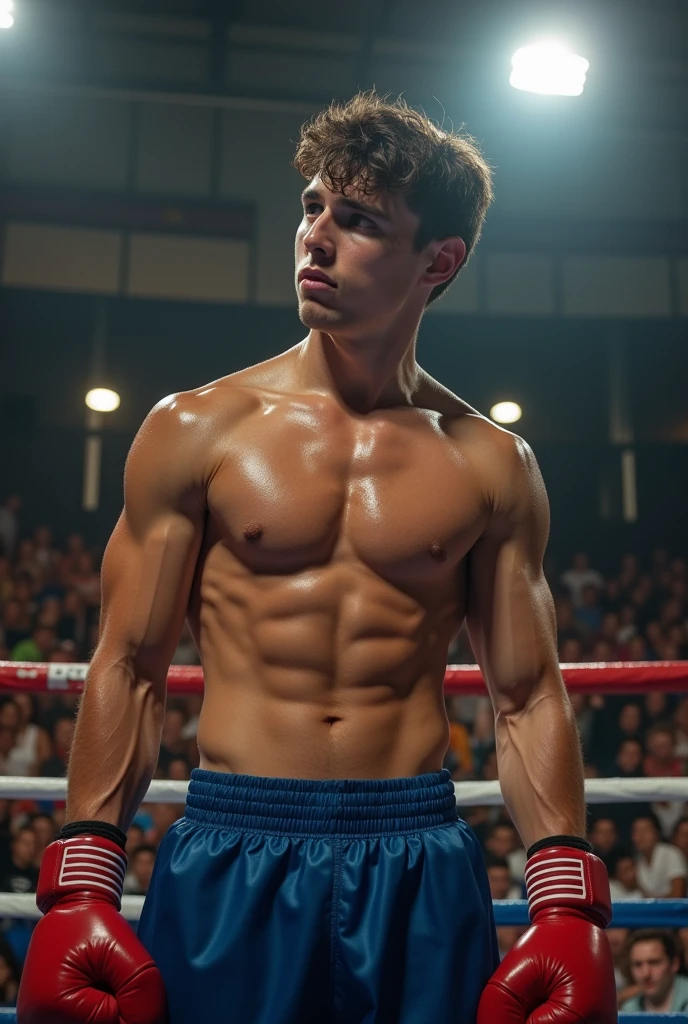 A handsome high school boxer with ripped abs is fighting in the ring.