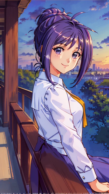 ((masterpiece, Highest quality, Highest quality, Official Art, beautifully、beautiful:1.2)),((masterpiece)),((Vibrant colors)),((Ayako Katagiri)),((幸せそうなsmile)),((smile)),((looks fun)),(Cafe Terrace),(((Side bust))),(sunset)