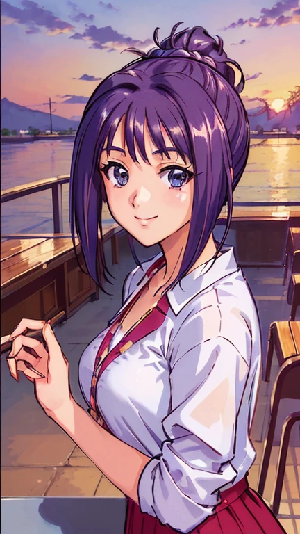 ((masterpiece, Highest quality, Highest quality, Official Art, beautifully、beautiful:1.2)),((masterpiece)),((Vibrant colors)),((Ayako Katagiri)),((幸せそうなsmile)),((smile)),((looks fun)),(Cafe Terrace),(((Side bust))),(sunset)