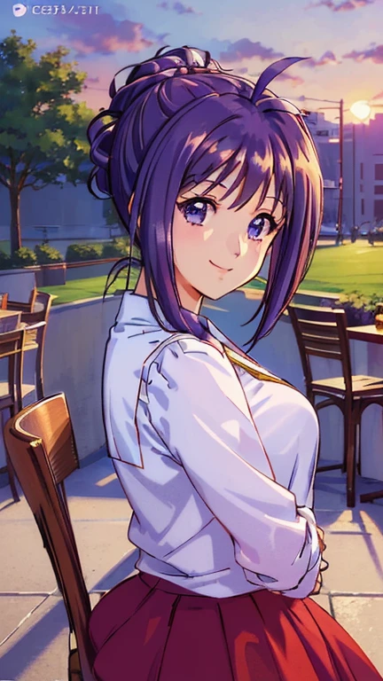 ((masterpiece, Highest quality, Highest quality, Official Art, beautifully、beautiful:1.2)),((masterpiece)),((Vibrant colors)),((Ayako Katagiri)),((幸せそうなsmile)),((smile)),((looks fun)),(Cafe Terrace),(((Side bust))),(sunset)