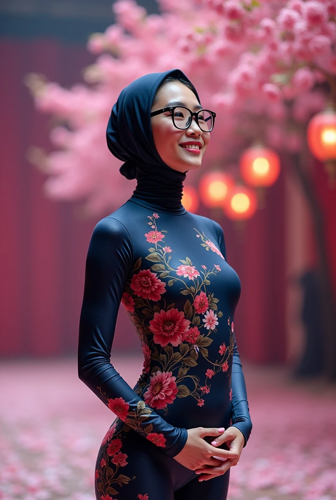 The beautiful Chinese flexible adult girl wearing a black glasses with beautiful cheeks wears floral print full lycra dancewear turtleneck unitard catsuit.She always wears floral print lycra elastane dancewear hijab-like zentai hood.She is happy to perform contortion performance.