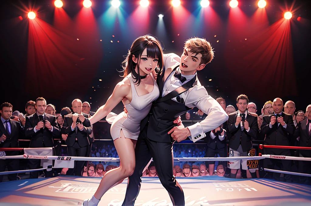 On the boxing ring, (Many viewers:1.3) , (A female presenter wearing a suit, holding a microphone on stage.:1.3) ,