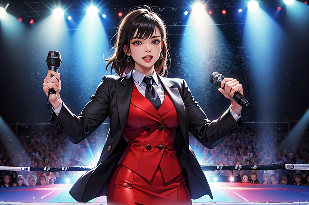 On the boxing ring, (Many viewers:1.3) , (A female presenter wearing a suit, holding a microphone on stage.:1.3) ,
