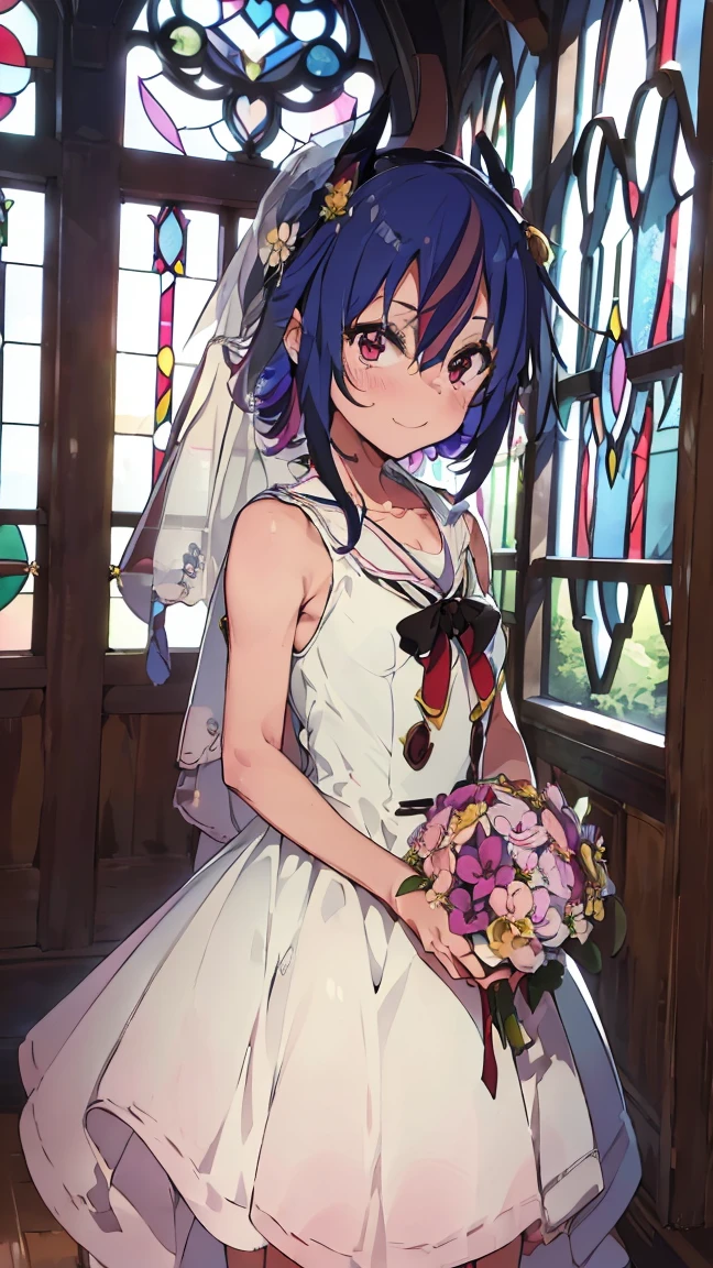 masterpiece, Highest quality, High resolution, Very detailed,(((Mikoto Naruka))), (((smile)))、(((Standing in the distance))), (((Wearing a wedding dress。))), (((church))), (((Stained glass))), (((Holding a bouquet。))), (((Multicolored Hair))), (((horn))), (((Pink Eyes)))