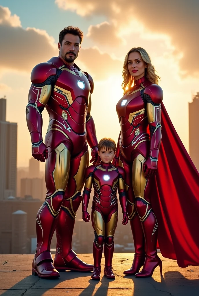 Ironman in hero costume with his son and wife but they all in costume