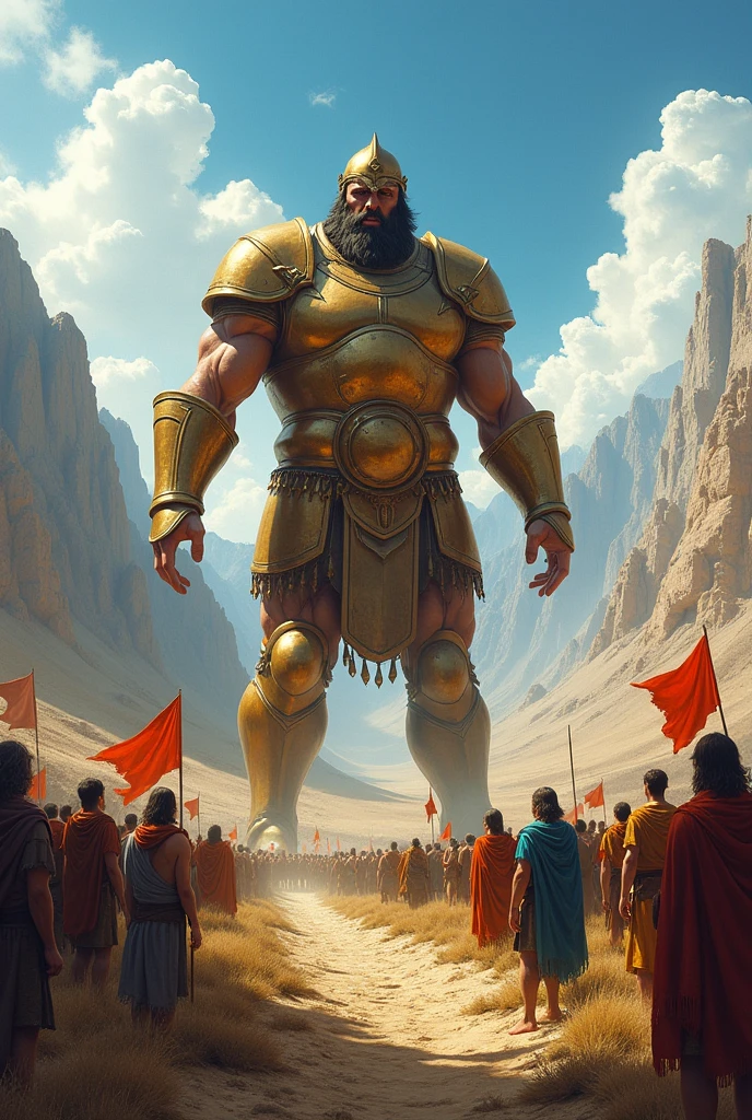 - **Quadro 2:** Goliath challenges the Israelites to choose a champion for a single combat.
- Goliath: "Choose a man to fight me! If I win, we will be your servants; If I win, you will be ours!"