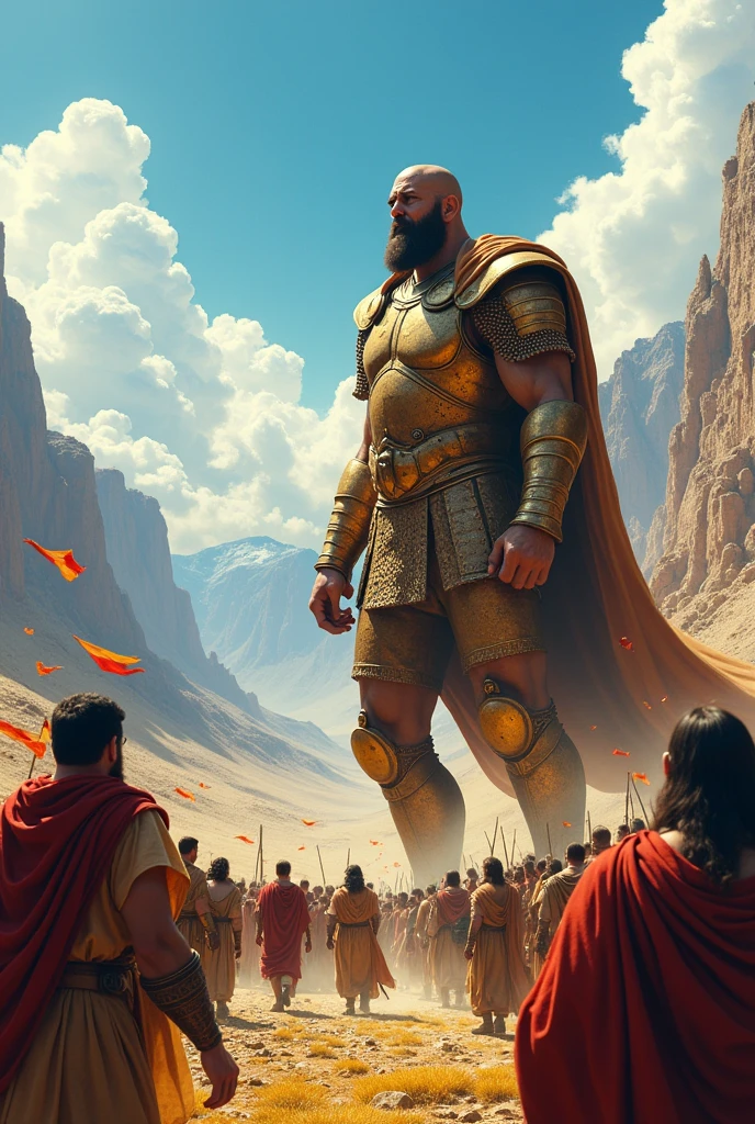 - **Quadro 2:** Goliath challenges the Israelites to choose a champion for a single combat.
    - Goliath: "Choose a man to fight me! If I win, we will be your servants; If I win, you will be ours!"