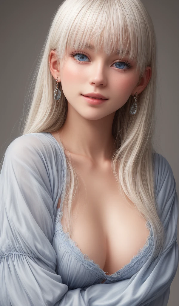 (1 Nordic girl)、Blue eyes:1.5、bangs:1.5、(bangs)、(Small face)、round face、(light in your eyes)、Shiny platinum blonde hair、Gentle expression、Perfect and beautiful、Big Breasts、smile、Pure white skin、Straight Hair、(Beautiful and stylish clothes)、hair ornaments、Earrings、BREAK、Looking at me、Full body shot、Panorama、8K Photo、Surreal、Ultra-delicate、cute、beautiful girl、
究極にcute、完璧なbeautiful girl、