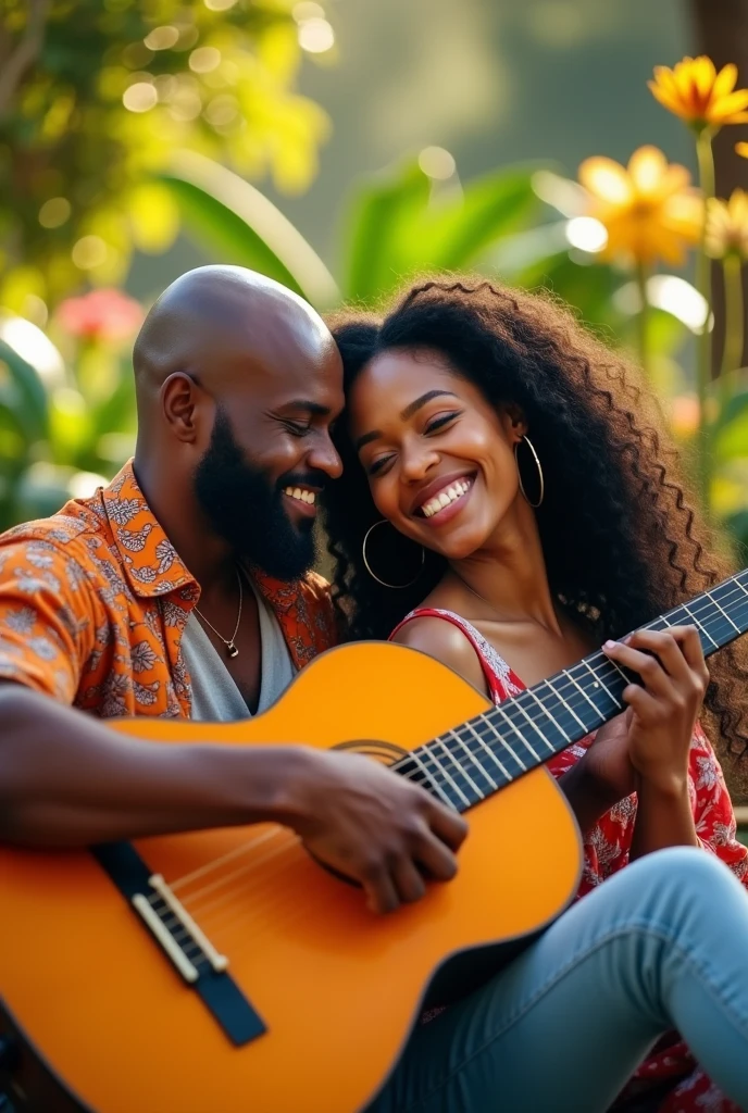 a Black man, angolan, Cao Cao, bonitas, bald man with beard, with his black wife with long wavy hair/curlies, with light brown eyes, with a guitar body and a beautiful smile