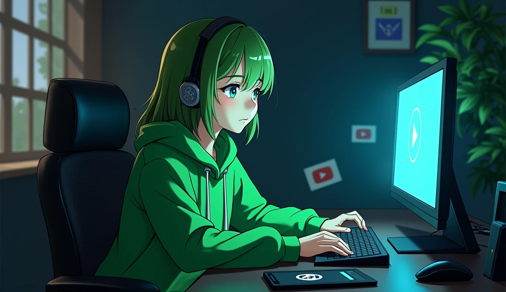 Create an anime-style character dressed in green clothing, sitting in their studio. The character should be facing forward with a focused and creative expression. They should be in a modern, high-tech editing studio, with a background that includes YouTube-related elements such as play buttons or channel icons, and various editing tools like a computer, keyboard, and graphic tablet. The studio background should be dark, with matching lighting colors that complement the green of the character’s clothing, creating a cohesive and atmospheric look. The lighting should subtly highlight the character and their workspace, adding depth and contrast.