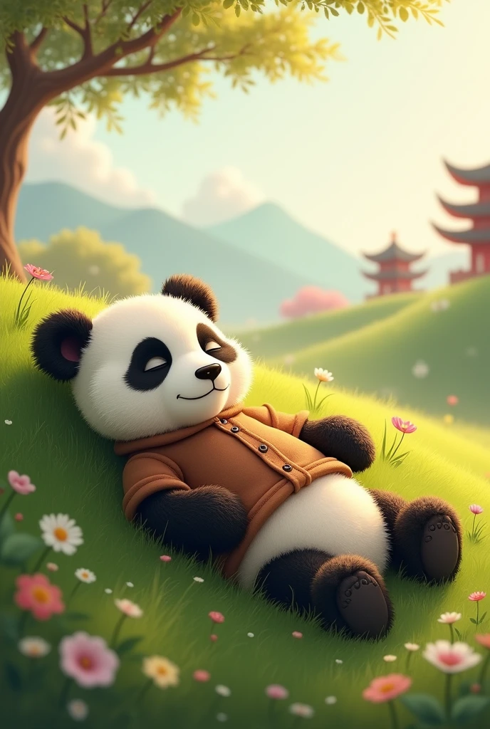 A panda wearing a brown shirt,Lazing around, sleeping on the grass,Background grassland,Sleep hard,Cute realistic style,Chinese style in the background