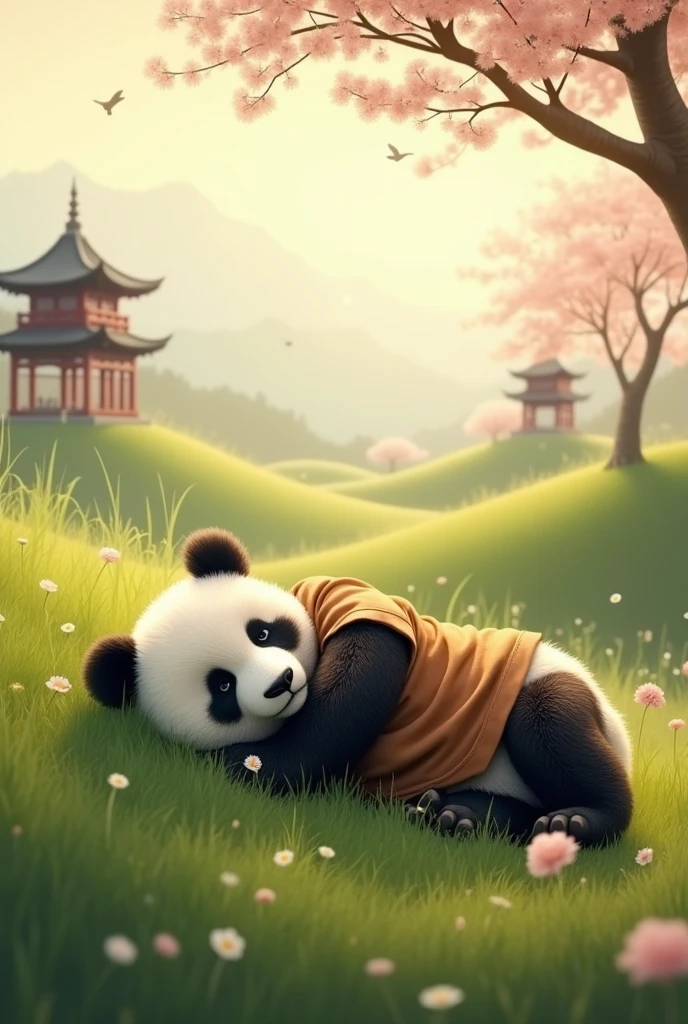 A panda wearing a brown shirt,Lazing around, sleeping on the grass,Background grassland,Sleep hard,Cute realistic style,Chinese style in the background