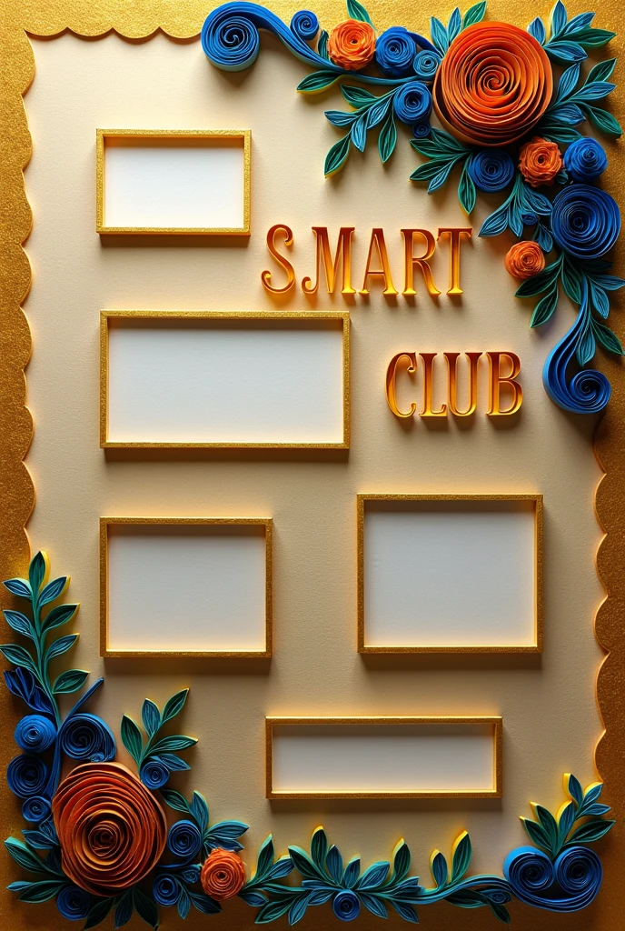 In a landscape square, generate a design of math bulletin board with title Smart Club and the square board is divided into five boxes with title for each box: Officers, Announcements, Mission and Vision, Activities, and Trivia. Make the box for officers a little bigger.  Theme color: Gold. Make the title SMART CLUB design as quilling art.