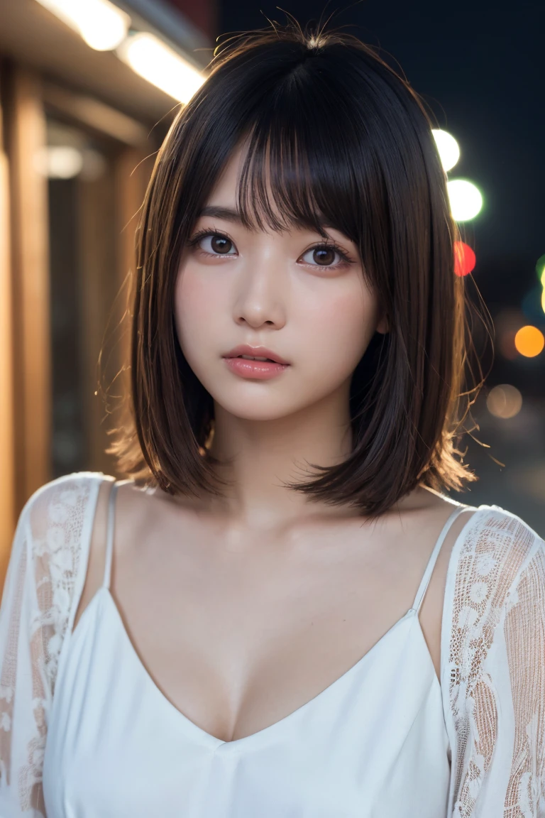 masterpiece、1 beautiful girl、Detailed eyes、Puffy eyes、Highest quality, 超High resolution, (Reality: 1.4), Cinema Lighting、Japanese、Asian Beauty、Korean、Super Beauty、Beautiful Skin、Slender、Body facing forward、(Surreal)、(High resolution)、(8k)、(Very detailed)、(Beautiful and detailed eyes)、(Ultra-detailed)、 (wallpaper)、Detailed face、Bright lighting、Professional Lighting、View your viewers、Look straight ahead、The outfit is a clean light orange shirt and dress.....、46 point diagonal bangs、Night Scenery、Brown Hair、Nogizaka Idol、Korean Idol、Gravure idol pose、、Age 25、expensive,