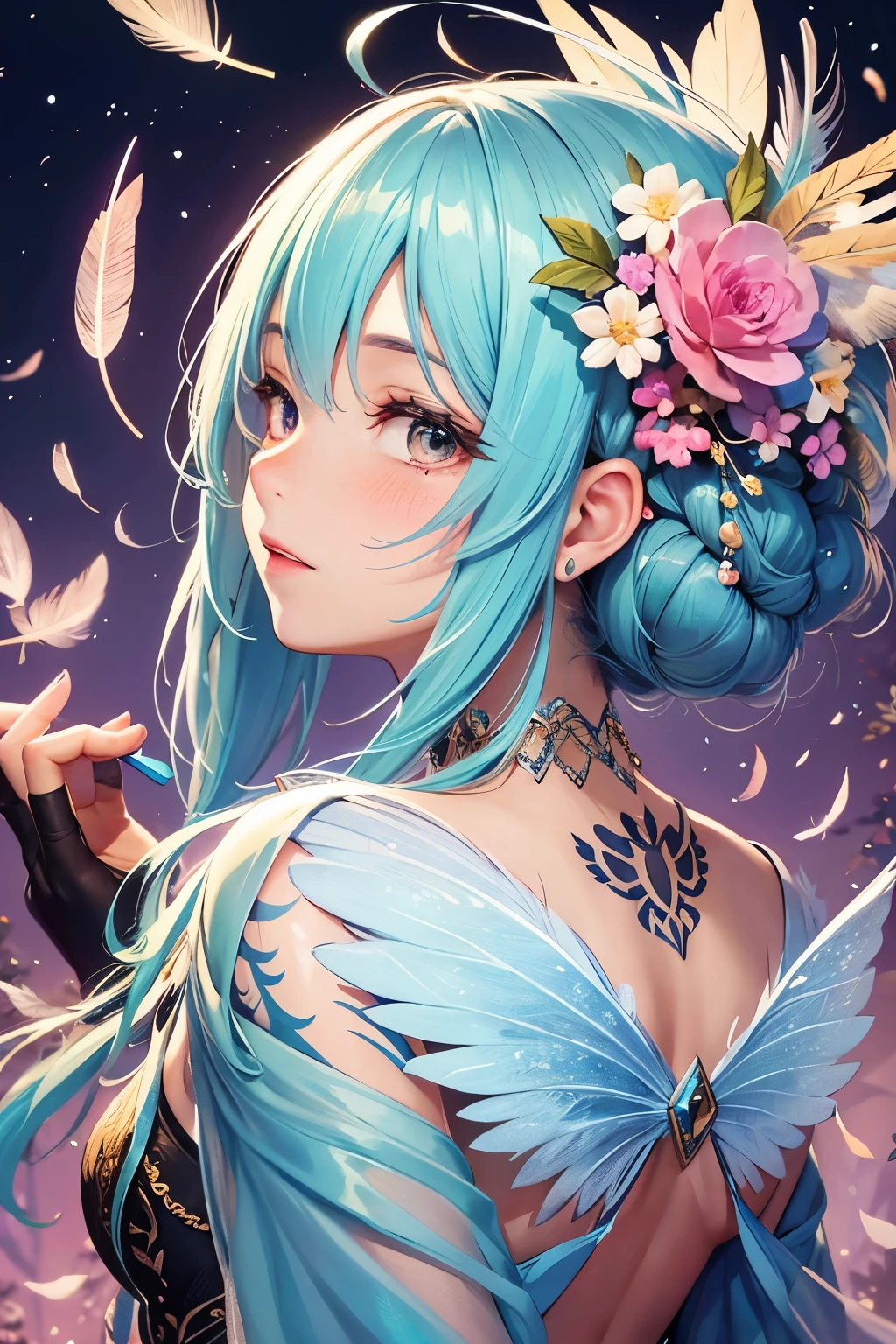 Feather Plumage on the back, drop-shaped tattoo on the cheek, a cute fairy in a beautiful flower field