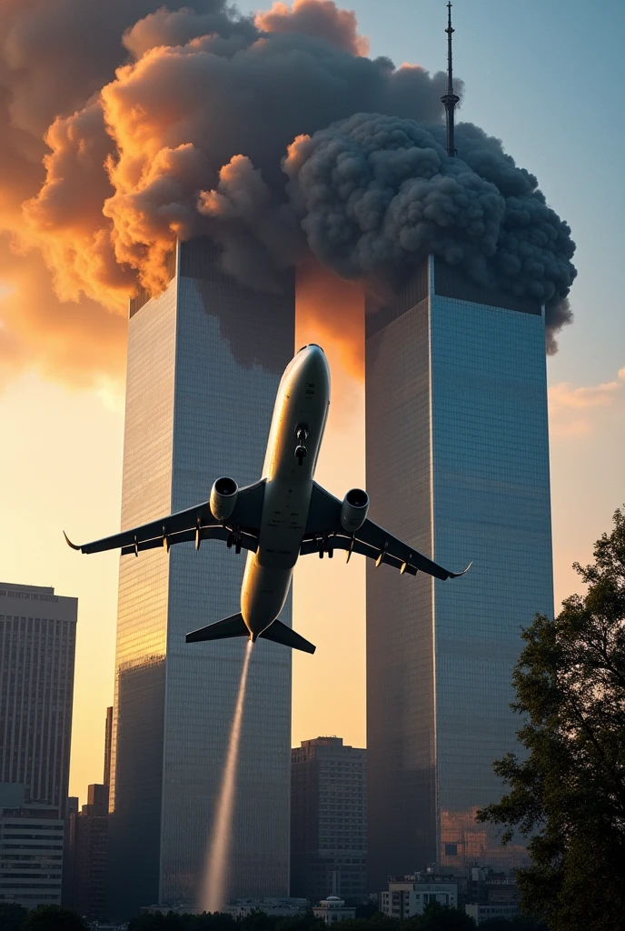 Generate an airplane crashing into two twin towers