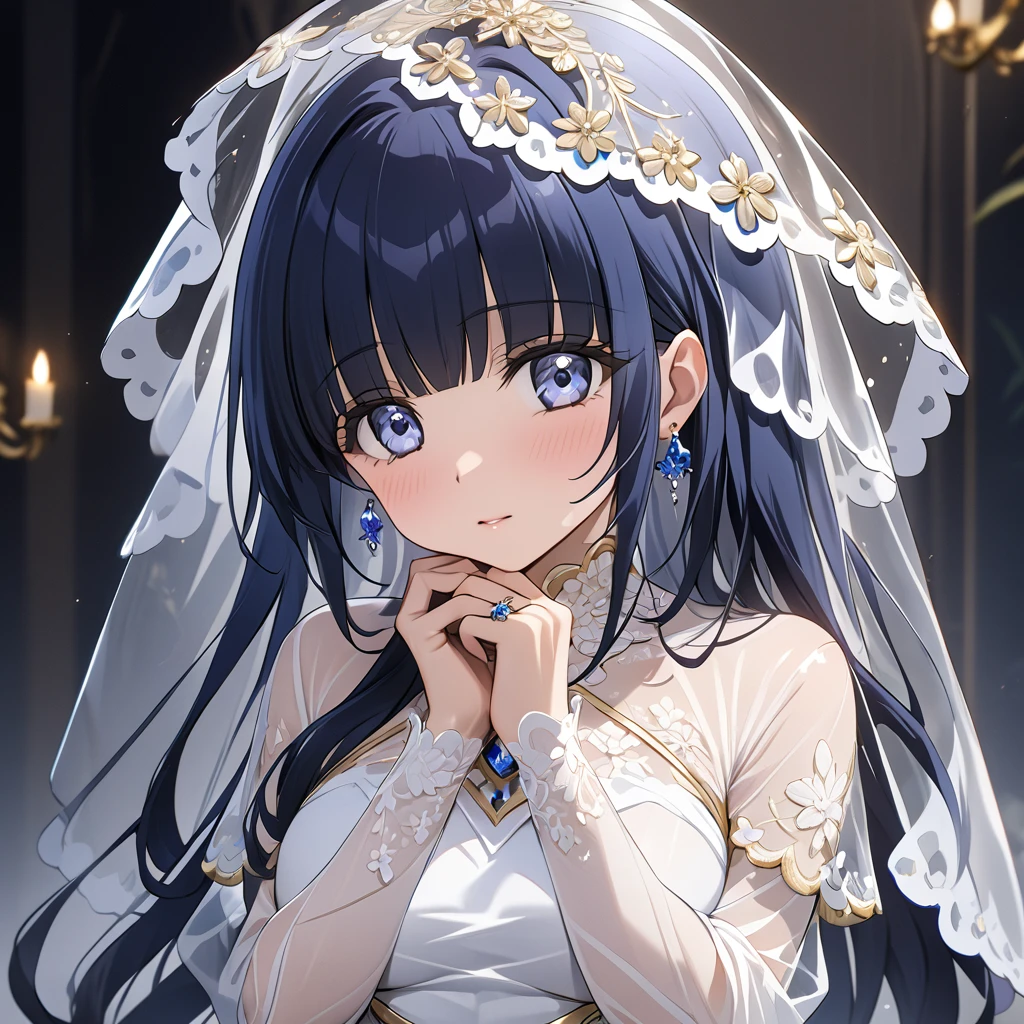 ((Highest quality)), ((masterpiece)), (detailed), (Perfect Face)、The woman is Aoki Reika, with midnight blue, medium-long hair, wearing a transparent white see-through outfit with gorgeous gold embroidery and trim, so transparent that her skin is visible, a white transparent veil, and gorgeous accessories, and an engagement ring.