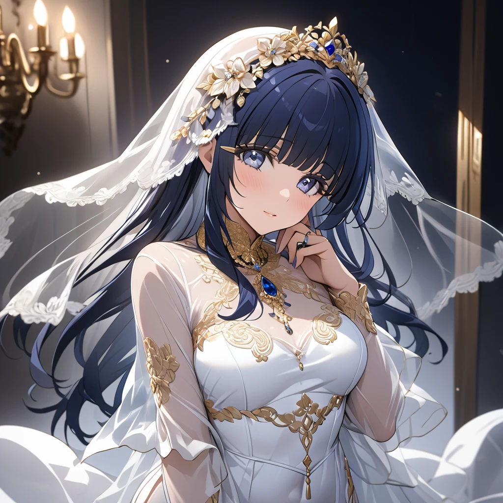 ((Highest quality)), ((masterpiece)), (detailed), (Perfect Face)、The woman is Aoki Reika, with midnight blue semi-long hair, wearing a sheer, see-through outfit that reveals her skin, along with a veil and adorned with luxurious accessories. She is also wearing an engagement ring.