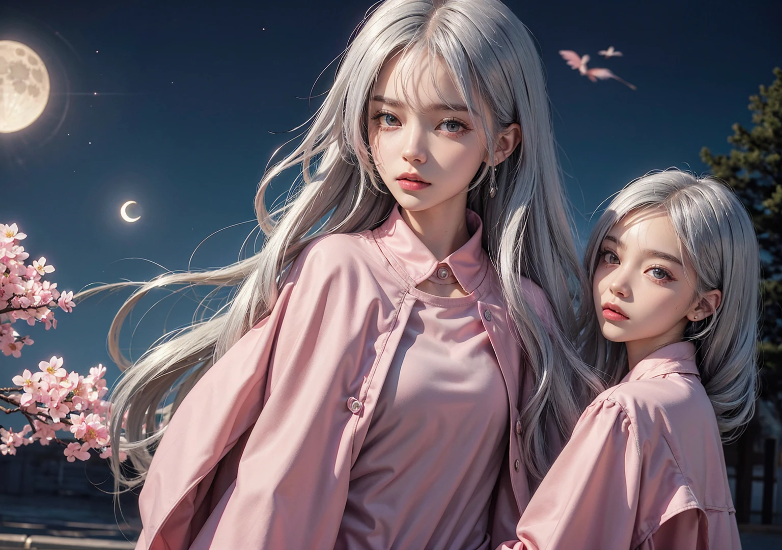 Silver-haired girl, pink clothes, moon in the background   