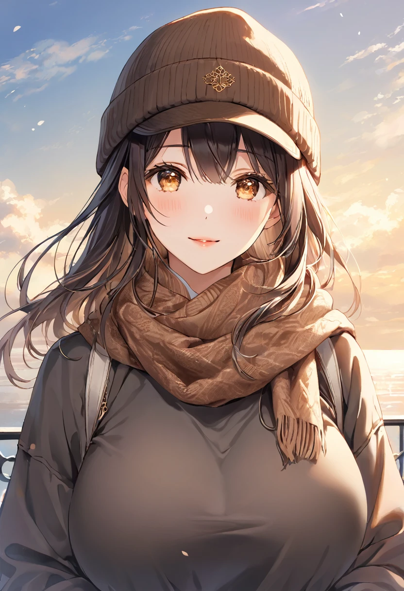 masterpiece, best quality, ultra detailed, detailed eyes, sparkling eyes, (((huge breasts, upper body))), The image you have uploaded portrays an anime-style female character with warm and inviting features. She has large, golden-brown eyes that are slightly almond-shaped, giving her a soft and friendly expression. Her cheeks are subtly blushed, adding a gentle warmth to her face. Her lips are small, with a hint of a smile that conveys a calm and relaxed demeanor. She is wearing a dark beanie hat, which has a logo or emblem stitched onto it, adding a modern, casual touch to her appearance. Her straight, dark hair cascades down around her face and shoulders, with some strands tucked beneath the hat and others left loose, adding a natural, somewhat windswept look. Her outfit is layered, suggesting a cool or breezy outdoor setting, with a jacket or hoodie visible in a light, earthy tone that contrasts with the darker hat and scarf. The background suggests an open sky with light clouds, which enhances the feeling of being outdoors on a bright day. The lighting on her face is soft, complementing the outdoor setting and giving her skin a gentle, glowing appearance. The overall mood of the image is peaceful, with the character appearing approachable and serene in a casual, everyday moment.