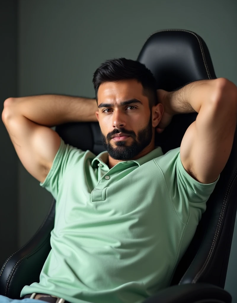 A confident man with short, black hair and a trimmed beard faces the camera directly while sitting in a high-quality gaming chair. His muscular, bodybuilder-like physique is still evident as he relaxes with his arms resting behind his head, showing off his well-defined biceps and forearms. He wears a tight-fitting light green polo shirt that highlights his strong upper body, though his skin is free of any tattoos. His expression is calm and serious, with a composed and relaxed demeanor. The image is highly detailed and polished, sitting comfortably in his gaming chair, The background is plain, keeping the focus entirely on the subject.