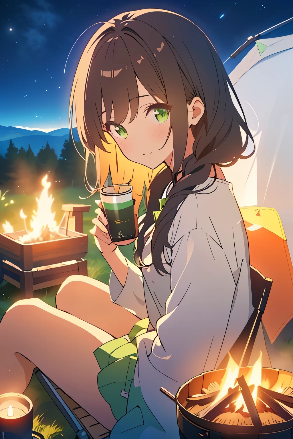 ((masterpiece, Highest quality, High resolution, 超High resolution, Pixel perfect, Written boundary depth, 4K, RTTX 10.0, High resolution))), 1 person, single, alone, Beautiful Anime, Beautiful art style, Anime characters, ((Shortcuts, bangs, Dark brown hair)), ((Green Eyes:1.4, Round eyes, Beautiful eyelashes, current eyes)), ((Smooth texture:0.75, Anime CG style)), ((Dynamic Angle, close)), Perfect body, (cute), Normal chest, whole body, ((4K, 8k, Highest quality, Perfect Fingers: 1.3, Perfect Anatomy: 1.3, Background Blur)), whole bodyアングル, An illustration of people camping, The character is sitting in front of a tent at a campsite, wearing casual outdoor clothing., She is relaxing by the campfire, Marshmallows are being roasted, Holding a warm drink, The background features a lush forest and a tranquil lake, The night sky is full of stars, Overall, spending a relaxing time in nature, A scene with a comfortable atmosphere