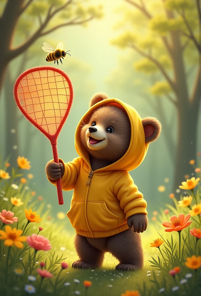 Masterpiece, bear cub, yellow hooded sweatshirt, fun & sweet, cute, in the woods, catching bees by butterfly net