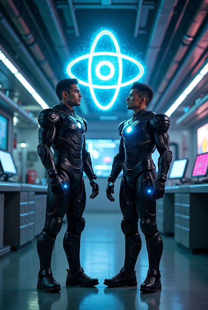 {
"size": "1024x1024",
"prompt": "In a high-tech, futuristic laboratory, Neutron is depicted in a dark, sleek, and advanced black armor with glowing blue accents, just like the one shown in the provided image. He stands with a calm and focused expression, making a balancing gesture with both hands. Proton, also dressed in matching dark armor with similar glowing blue accents, stands beside him. They are observing a detailed holographic model of a carbon atom that clearly shows 6 protons and 6 neutrons within the nucleus. The holographic display is sharp and vibrant, emphasizing the balance and cooperation between the protons and neutrons. The setting reinforces the theme of atomic structure and stability, with both characters in their futuristic, black, and blue-accented armor playing their crucial roles in the scene."
}