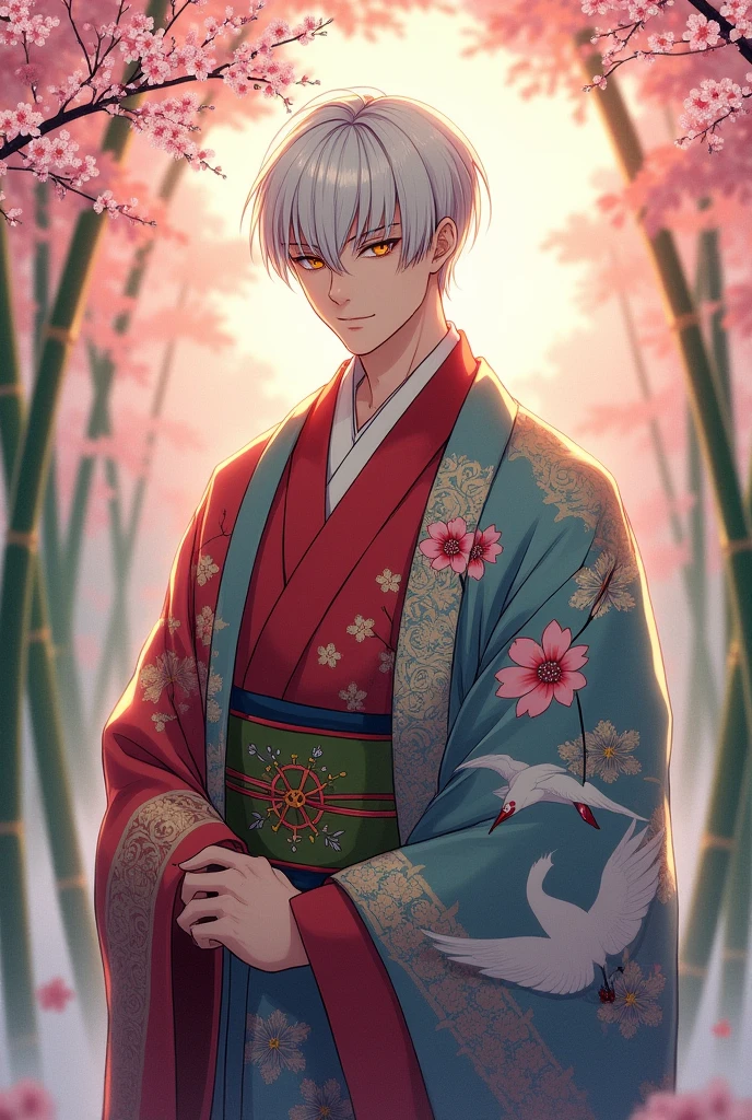 Male with white, short hair、Eyes are yellow、I'm wearing a kimono