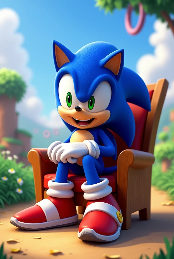 Sonic the hedgehog , solo, looking at viewer, smile, 1boy, standing, full body, sitting on chair, looking at viewer