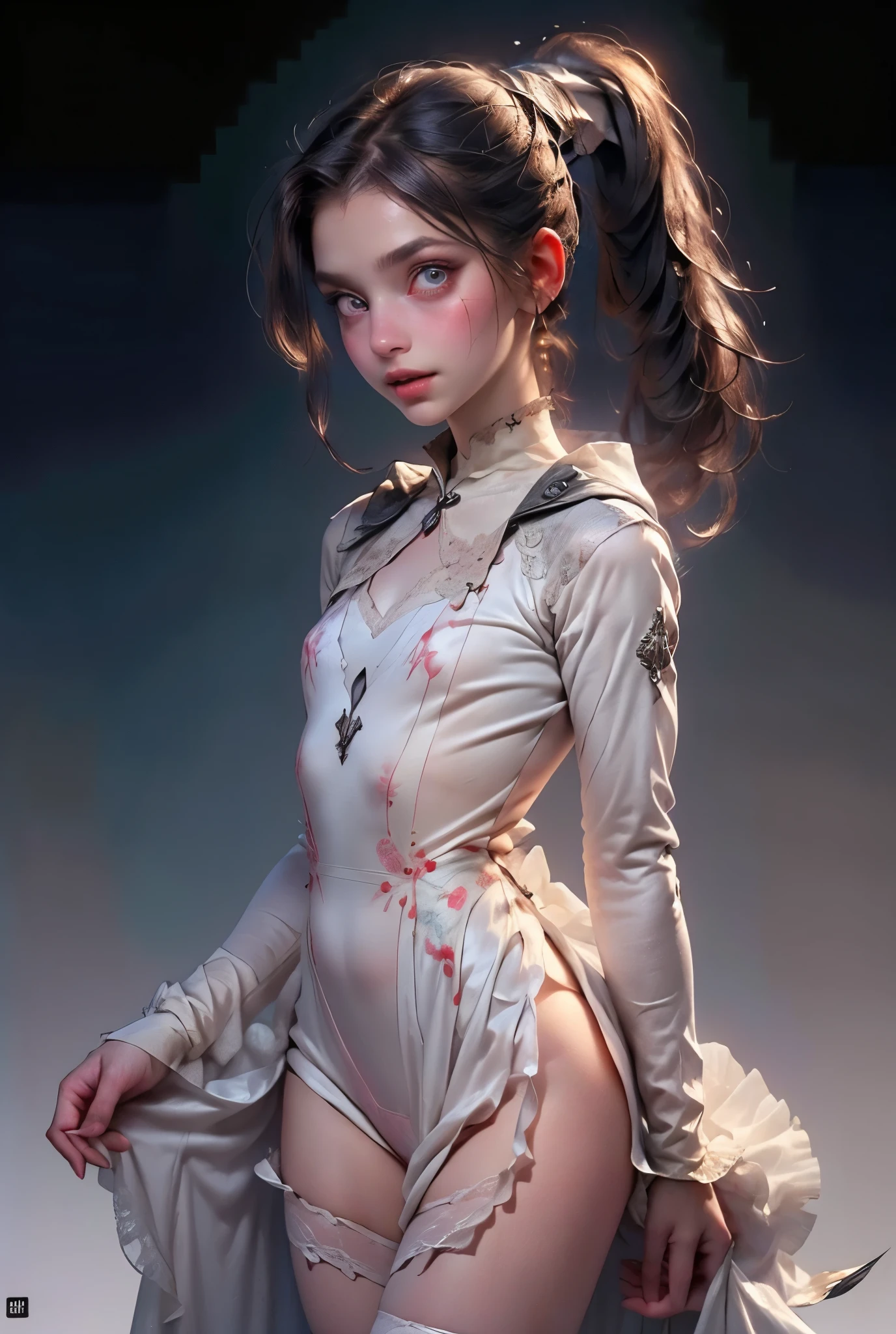 ((best quality)), ((masterpiece)), (detailed), perfect face (((masutepiece, of the highest quality, super detailed))), hand drawn style, hand painted style, watercolour, sketch, a knight, white background, plain background, Bloodborne inspired, tatty Bloodborne attire, occult aesthetic, occult, tatty red and white clothing detailed and intricate steampunk and detailed gothic ta (with a hood), long coat, Complex laced boots, Fluttering lace flared long knee length dress with frilly petticoats, long dress, knee length dress, pleated petticoats, loliress, petticoats gothic lolita aetic, beautiful small breasts, (((flat chest:1.1))), (((( Highly detailed face))), small thin nose, Small thin lips mouth, (((Very sharp focused eyes))), Very large slit precision pale grey eyes that shine like jewels. (resolved expression), (resolute expression), ((dark hair)), ((long ponytail, thick ponytail, heavy ponytail)), very long eyelashes, white background, Very dramatic and cinematic lighting, tatty damaged old red and white clothing, full body, whole body, body, cosmic horror, grim dark