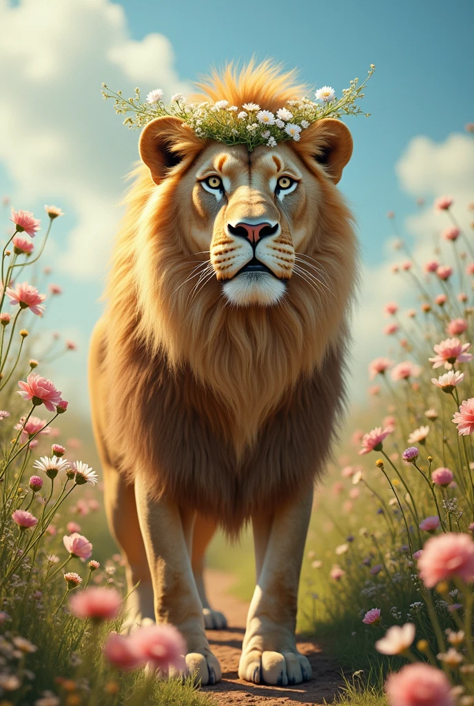 A beautiful and delicate, strong and courageous female lion in a lovely landscape with a flower forest and white flowers and a crown 