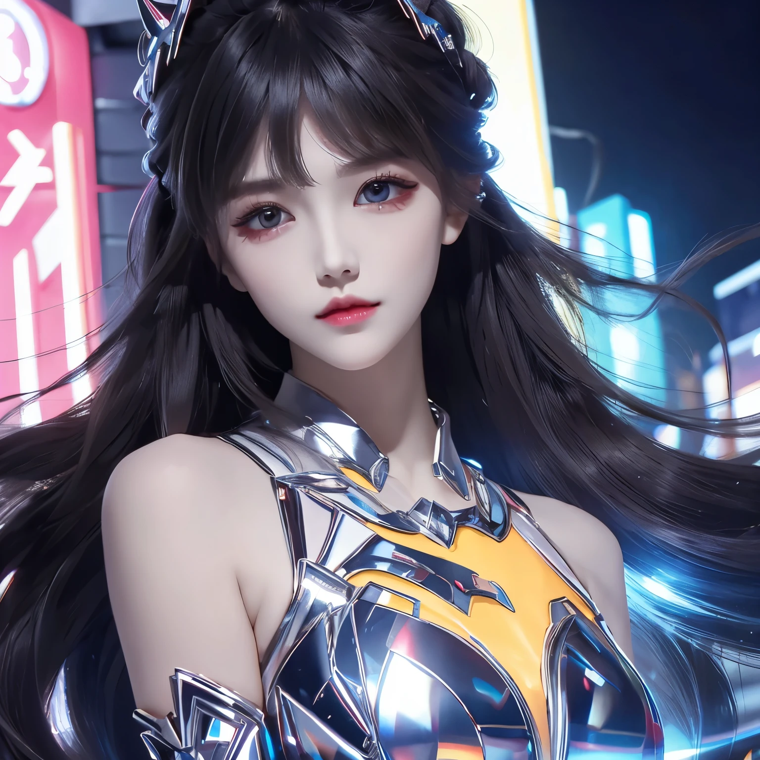 4k ultra hd, masterpiece, high details, a girl, cute face, detailed eyes, long hair, detailed lips, medium breasts, orange neon lights on dress, Cyberpunk orange dress, orange neon lights connected on dress, neon breasts, bare waist, electric current effect, glowing effect, direct-x 2.0, high graphic nigh lights, spreading light, light reflection, light reflection on road, light reflection, everywhere spreading lights, neon lights, whole body capture,