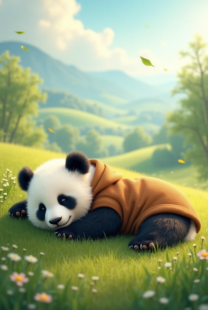 A panda wearing a brown shirt,Lazing around, sleeping on the grass,Background grassland,Sleep hard,Cute realistic style,Chinese style in the background