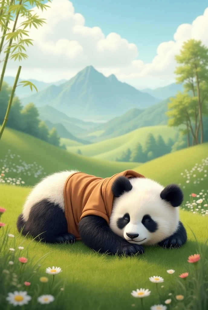 A panda wearing a brown shirt,Lazing around, sleeping on the grass,Background grassland,Sleep hard,Cute realistic style,Chinese style in the background