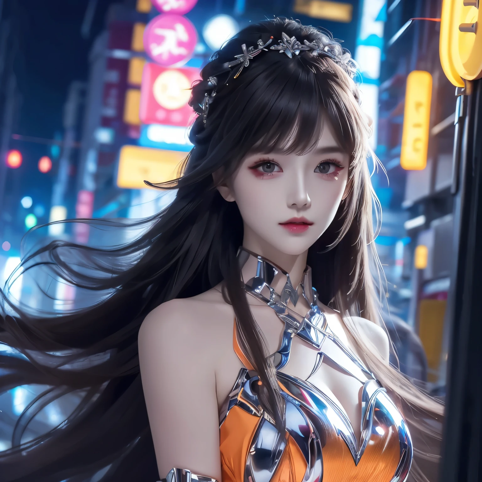 4k ultra hd, masterpiece, high details, a girl, cute face, detailed eyes, long hair, detailed lips, medium breasts, orange neon lights on dress, Cyberpunk orange dress, orange neon lights connected on dress, neon breasts, bare waist, electric current effect, glowing effect, direct-x 2.0, high graphic nigh lights, spreading light, light reflection, light reflection on road, light reflection, everywhere spreading lights, neon lights, whole body capture,