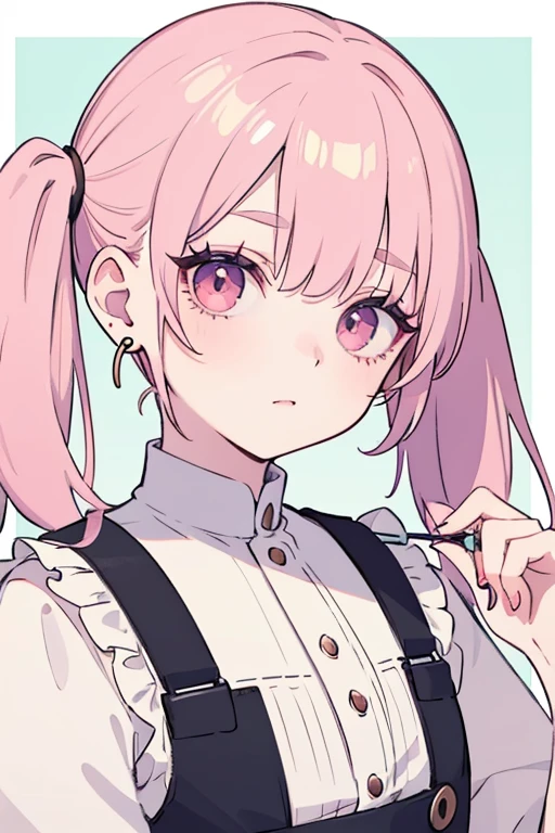 Create an illustration of the character with detailed eye makeup accented with pink eyeshadow that fades to a lighter color towards the inner corners of the eyes. Thick, long eyelashes and soft, arched eyebrows complement it. The character has a unique hairstyle with bangs cut straight to frame the face, hair pulled back into small twin tails secured with a pink band that matches the eyeshadow, and the rest of the hair hanging naturally a little longer than the shoulders. The ears are adorned with multiple earrings, including studs and hoops, adding a playful touch to the overall aesthetic.