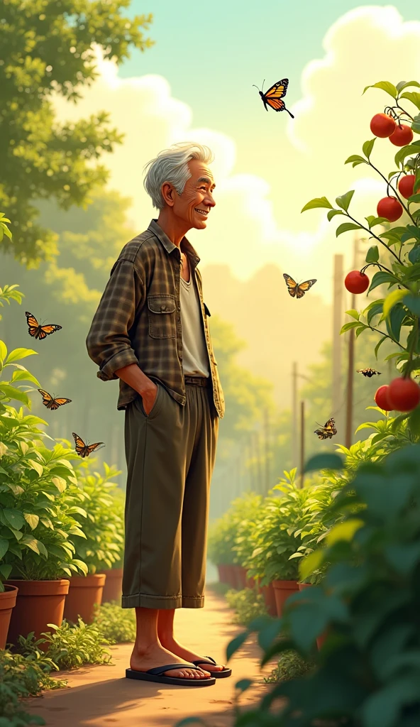 Uncle Tu is an elderly man, Lean with gray hair and tanned skin. He usually wears simple clothes like old shirts, Long pants and flip-flops. He has a gentle face, He often smiles and shows optimism through his actions. Many insects flying in the vegetable garden Note the 2d image