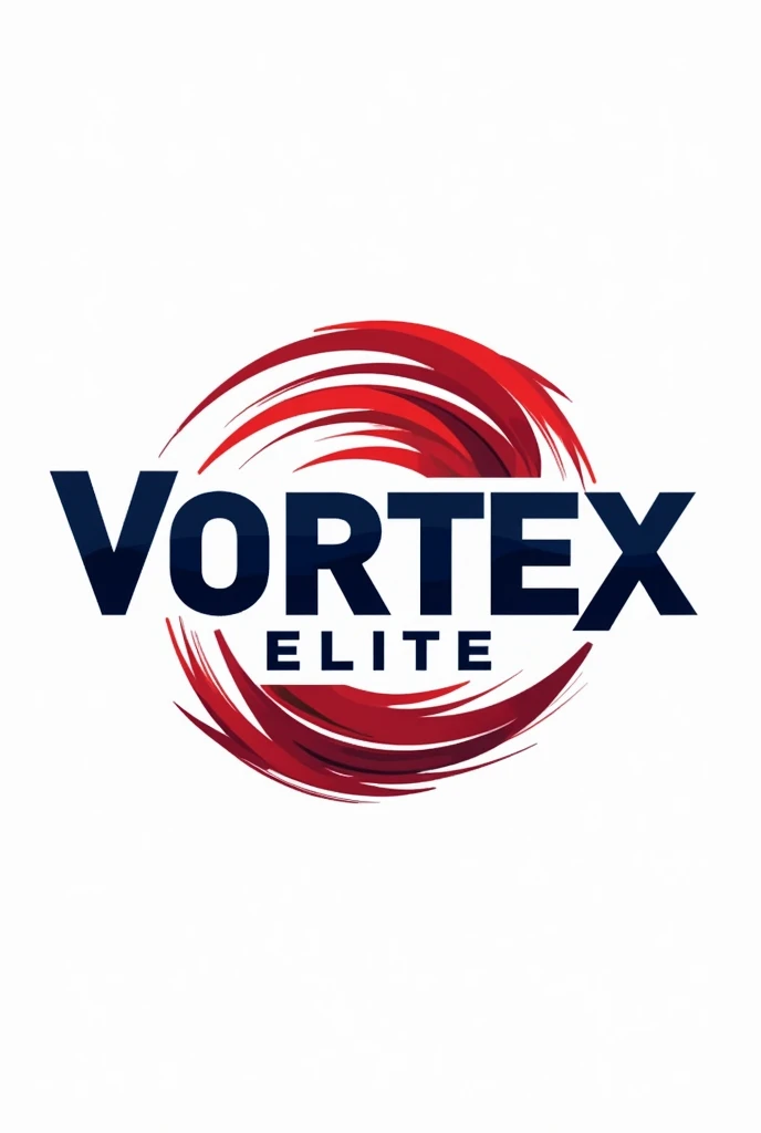 Vortex Elite will have text "Vortex Elite" displayed in a dominant dark blue or navy color. Surrounding the text, vortex elements will be added in bright red to create a striking contrast.The vortex design can be spiral or tornado shaped, surrounding the text or as a background that complements the text with dynamic lines. The text may have a gradient effect or subtle shadow to provide depth and a modern feel.Ensure the logo remains simple and not too cluttered, so it's easily recognizable. PNG format without background ensures the logo can be placed on various backgrounds without disrupting the design.