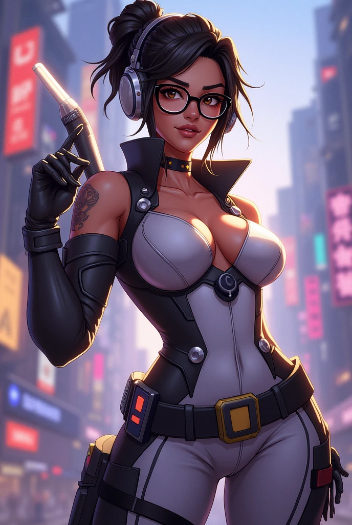 overwatch mercy, sexy pose, fully clothed, tight clothes, big boobs, black hispter glasses, medium cleavage, bare shoulders, naked under the waist, shaved pussy